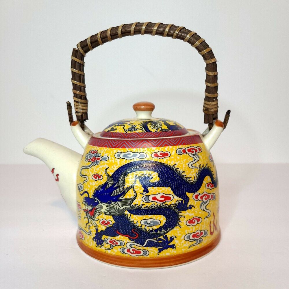 Mia‎ Ko's Blue Dragon & Yellow Ceramic Textured Teapot Chinese Dragon Loong Lung